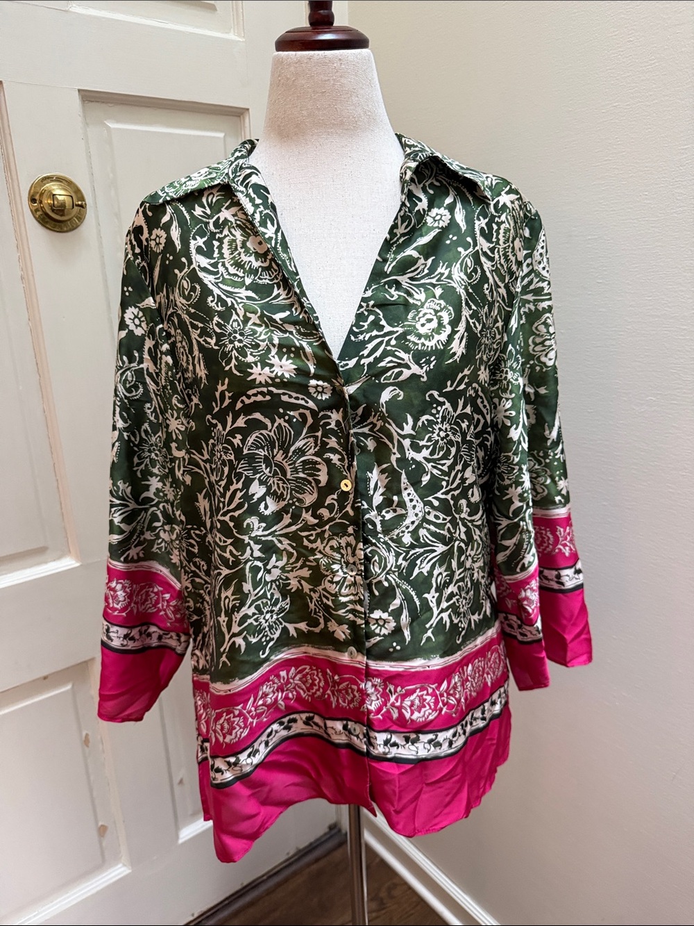 Zara Dark Green and Fuchsia Floral Satin Blouse